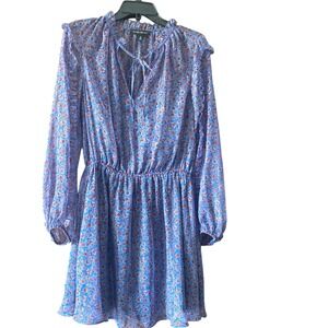 Banana Republic Floral Print Dress Ruffle Trim‎ Long Sleeve Sheer Blue Size 10